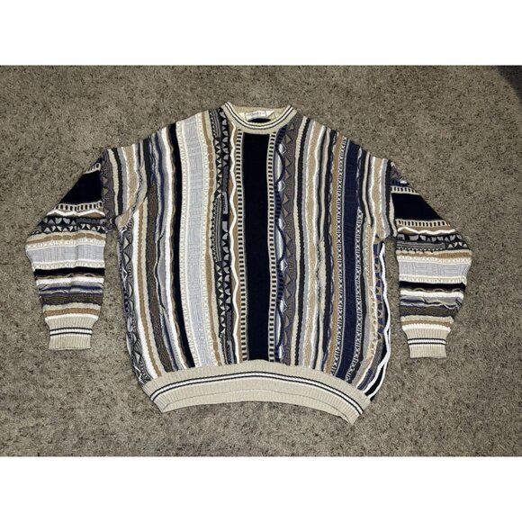 Vintage Sweater Multicolor 3D 90s Textured Knit Abstract Geometric Grandpa Y2k L - Picture 1 of 11